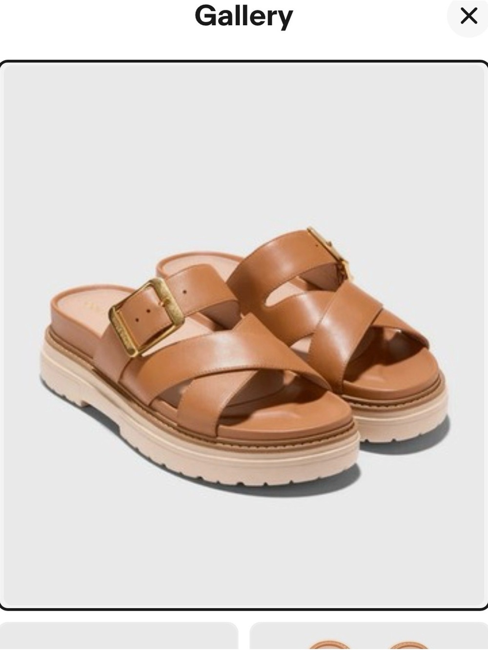Cole Haan New Brown Leather Fraya Cross-Strap Slides with Gold Buckles
